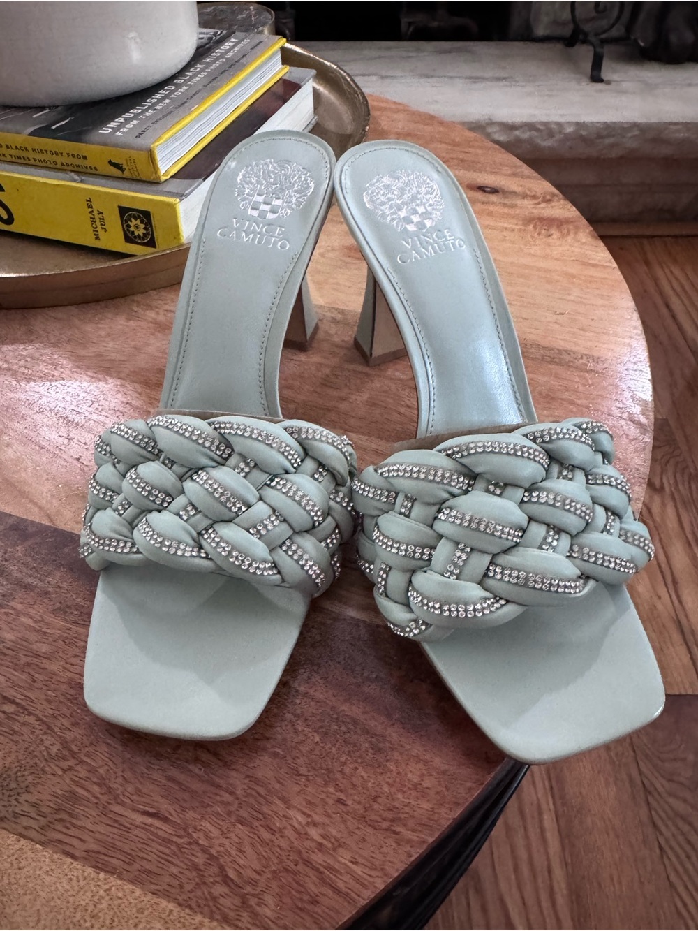 Vince Camuto Pale Mint Braided Crystal-Trim Slide Heels
